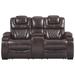 Polyester Upholstered Metal Power Reclining Loveseat with Console and Adjustable Headrest, Brown