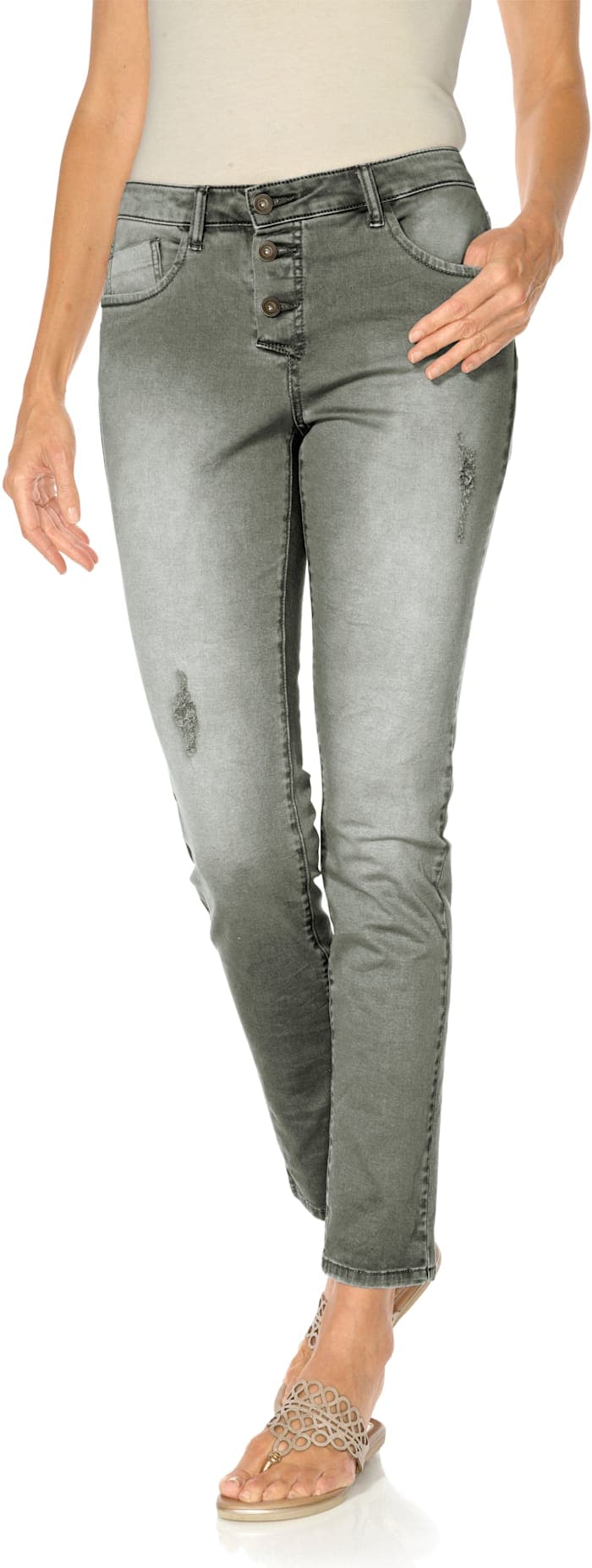 Boyfriend-Hose HEINE, Damen, Gr. 44, Normalgrößen, grau (grau, grün), 97% Baumwolle, 3% Elasthan, gemustert, lang, Hosen 5-Pocket-Hose