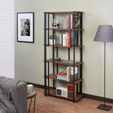 Contemporary Style Sara Metal Frame Bookshelf in Walnut & Sandy Black, with Six Open Storage Dividers Wooden Shelf