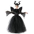 IBTOM CASTLE Maleficent Costume Kids, Girls Evil Queen Fancy Dress Up Princess Tutu Dress Horns Headband Wings Child Magic Wizard Halloween Cosplay Masquerade Outfit #Black（5pcs） 6-7 Years