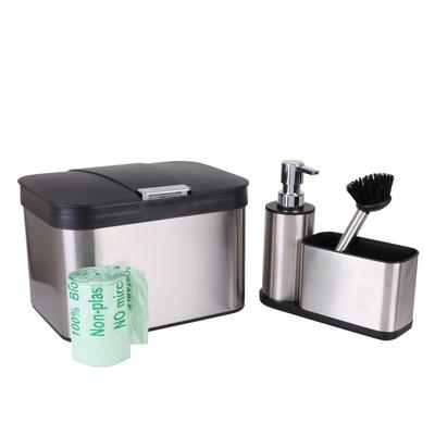 Organize It All Stainless Steel Compost Bin Set with Biodegradable Bags, Sink Organizer & Scrub Brush - 10"x 7.4"x 6.7"