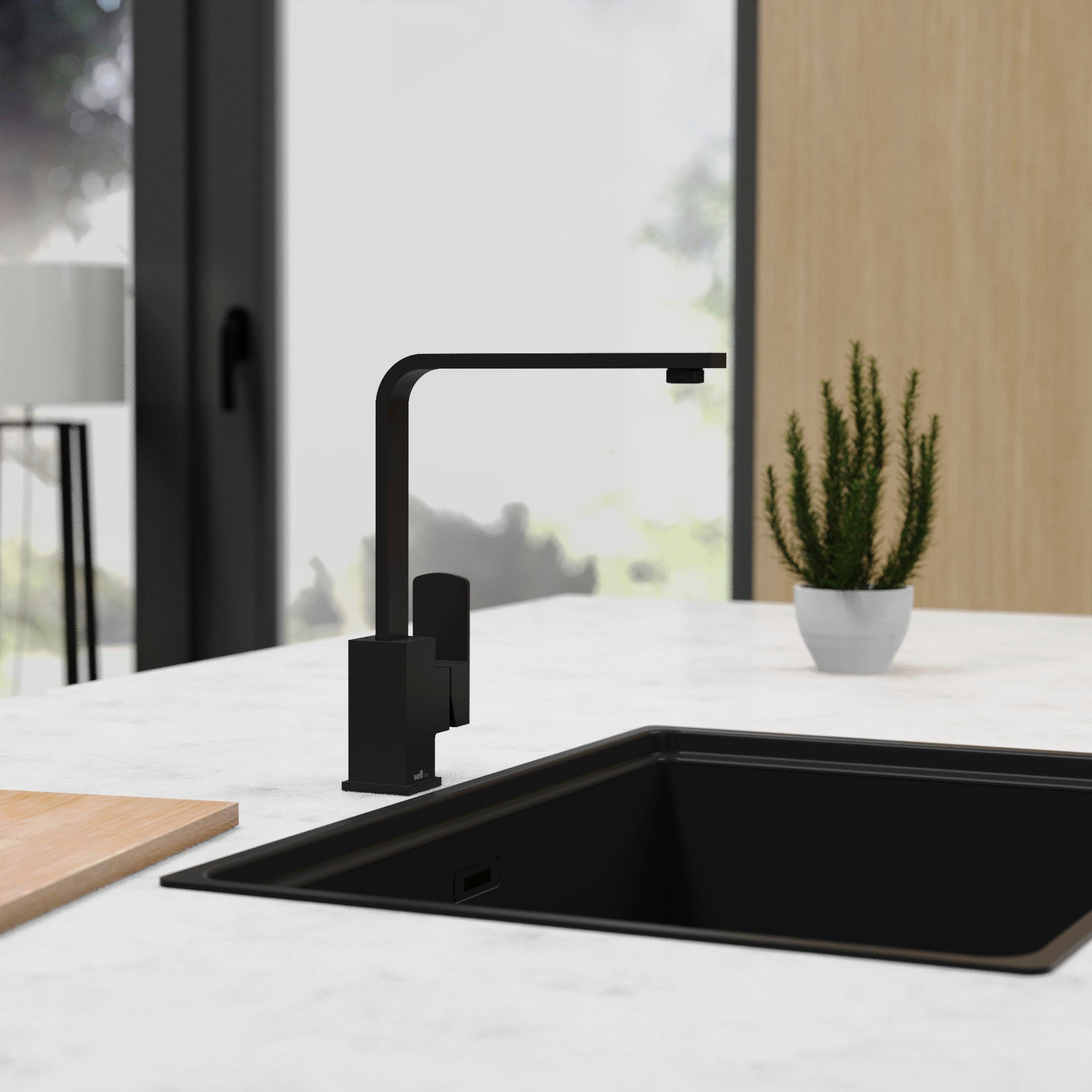 Küchenarmatur WELLTIME "Viktoria", schwarz, B:5cm H:29cm T:25,4cm Ø:5cm, Armaturen, Design-Armatur für Küchenspüle, eckig