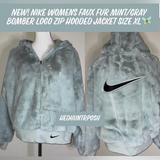 Nike Jackets & Coats | New! Nike Womens Faux Fur Mint/Gray Bomber Logo Zip Hooded Jacket Size Xl | Color: Black/Green | Size: Xl