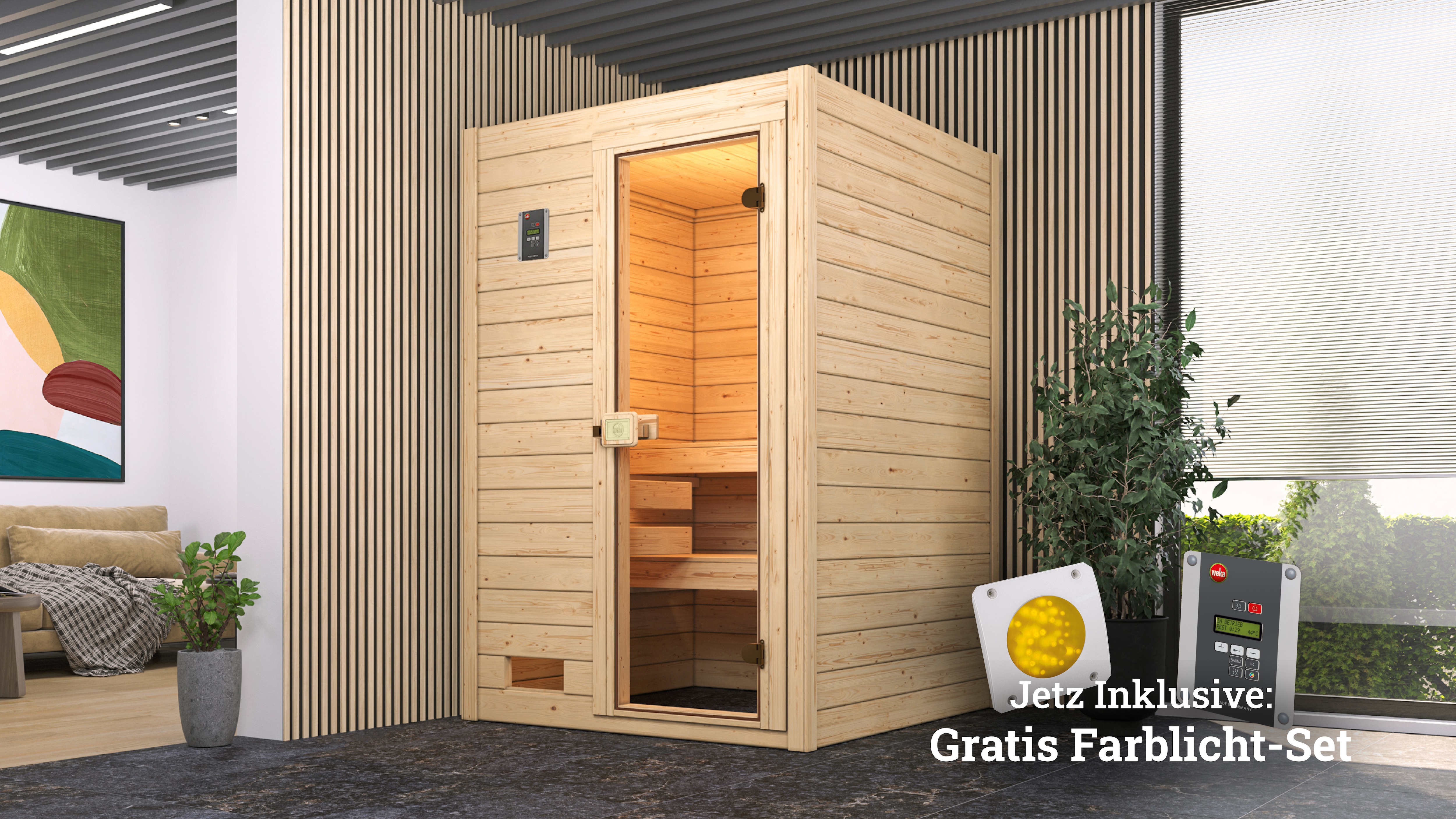 Sauna WEKA "Valida", beige (natur), Bio-Ofen, externe Steuerung, 4,5 kW, Saunen, 4,5 kW Bio-Ofen mit digitaler Steuerung
