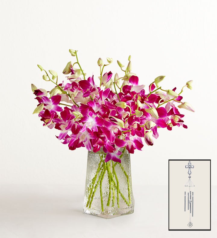 1-800-Flowers Flower Delivery Sympathy Orchids 10 Stems W/ Clear Vase & Windchime | Happiness Delivered To Their Door