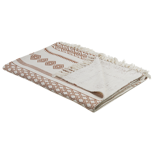 Kuscheldecke Beige / Braun Baumwolle 130 x 180 cm geometrisches Muster afrikanischer Print und Quasten für Bett Sofa Couch Sessel Wohnzimmer
