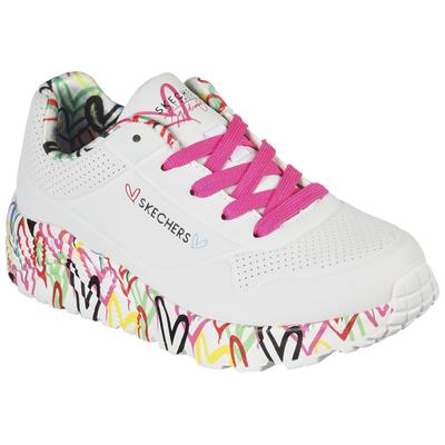 Sneaker SKECHERS "UNO LITE-LOVELY LUV", Kinder, Gr. 31, bunt (weiß, multi, 2), Lederimitat, Textil, kontrastfarbene Details, sportlich, Schuhe, Schnürschuh mit bedruckter Sohle, Größenschablone zum Download Image