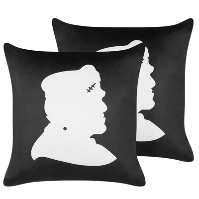 Dekokissen Schwarz / Weiß 2er Set aus Samtstoff 45 x 45 cm mit Frankenstein-Muster Quadratisch Halloween Motiv Wohnzimme