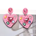 Boucles d'oreilles en métal en forme de coeur en émail rose pour femmes biscuits en cristal de