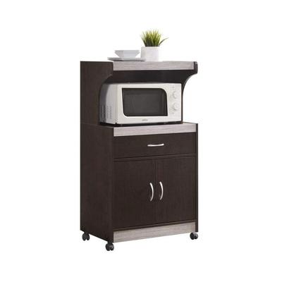 Hodedah Wheeled Microwave Cart w Drawer and Cabinet Storage, Brown/Gry - 60