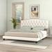 King Size Elegant Upholstered Curved Tufted Linen Platform Bed Frame with Diamond Tufted in Beige