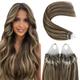 Micro Beads Hair Extensions,Youngsee Brown Highlight Microring Human Hair Extensions Dark Brown with Blonde Highlight Human Hair Extensions Micro Loop Brown Micro Link Hair Extensions 24inch 1g/s 50g