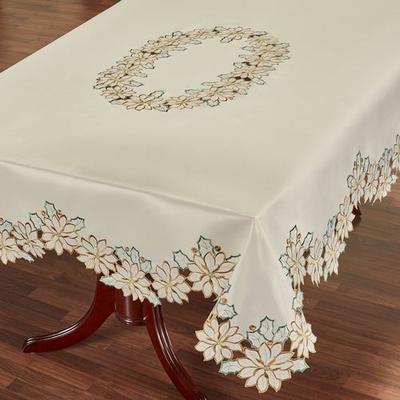 Winter Poinsettia Cutwork Oblong Tablecloth Ivory, 70 x 126, Ivory