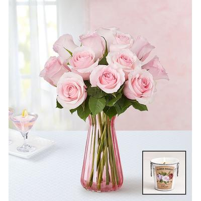 1-800-Flowers Flower Delivery Pink Petal Roses 12 Stems W/ Pink Vase & Candle