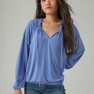 Lucky Brand Sandwash Blouson Top - Women's Clothing Tops Tees Shirts in Bleached Denim, Size XS