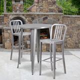 Latitude Run® Drumfane 30" Round Metal Indoor-Outdoor Bar Table Set w/ 2 Vertical Slat Back Stools Metal in Gray | 30 x 30 x 41 | Wayfair