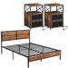 17 Stories 3 Piece Bedroom Set Wood Bed Frame & Nightstand Set w/ USB Ports & Outlets Wood/Metal in Brown | 39.4 H x 53.5 W x 77.5 D in | Wayfair