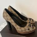 Gucci Shoes | Gucci Peep Toe Heels Beige Ebony Gg Fabric Canvas Horsebit Pumps Size 37, | Color: Brown | Size: 37 / Us 7