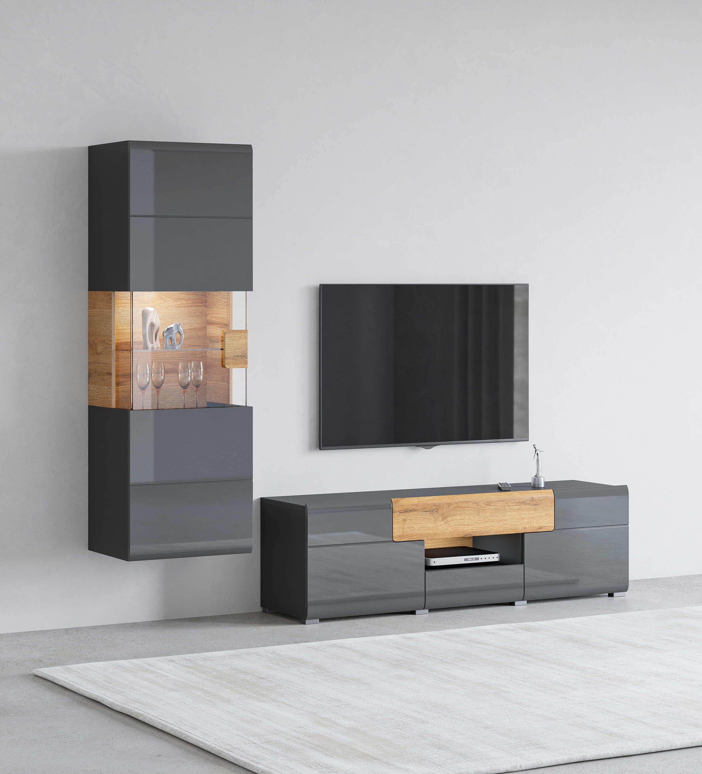 Wohnwand INOSIGN "Toledo", grau (antrazit, antrazit hgl, grandson), B/H/T: 212cmcm, Kastenmöbel-Sets, Wohnwand