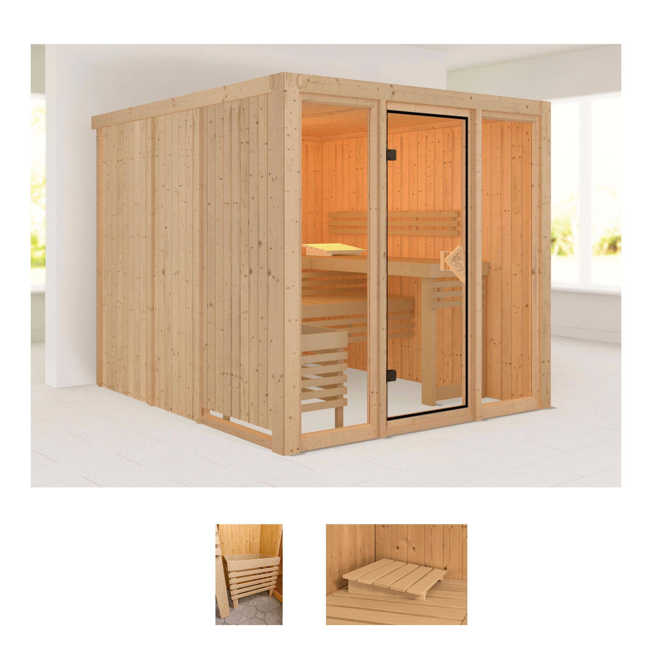 Sauna WELLTIME "Artja", beige (natur), ohne Ofen, (ohne Ofen), Saunen, naturbelassen, ohne Ofen Image