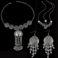 Boho Retro Silver Document Hollow Flower Coin Big Pendant Choker Necklace Earrings Hairband Set