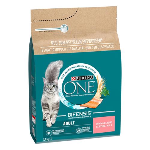 Sparpaket: 2x2,8kg PURINA ONE Adult Lachs & Vollkorngetreide Katzenfutter trocken