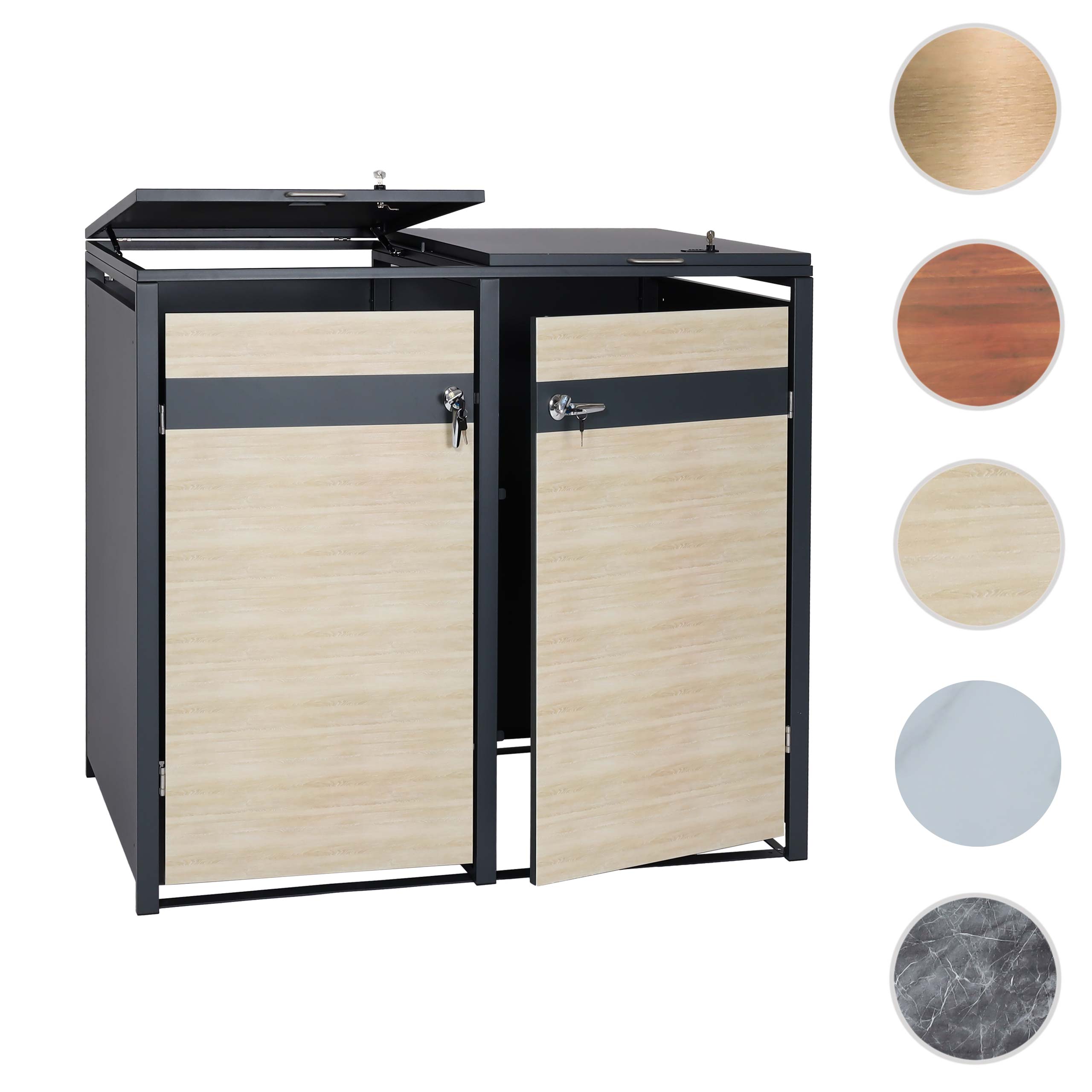 2er Mülltonnenverkleidung HWC-J82, Mülltonnenbox, erweiterbar, Metall 50kg, anthrazit ~ Kirsche-Holzoptik dunkelbraun Image