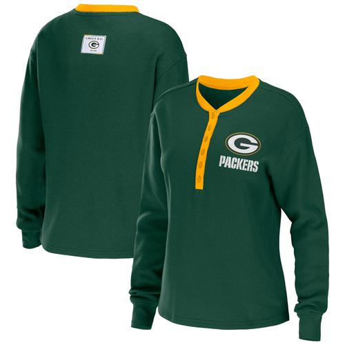 Damenbekleidung von Erin Andrews Green Green Bay Packers Waffle Henley Langarm-T-Shirt