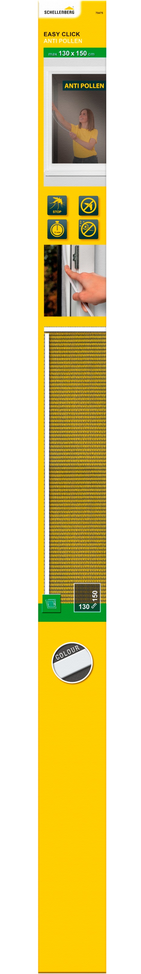 Insektenschutz-Fensterrahmen SCHELLENBERG "Easy Click mit Pollenschutzgewebe für Fenster", weiß (rahmen: weiß gewebe: grau), B:130cm H:150cm, Insektenschutzgitter, Fliegengitter zum einklicken ohne bohren, 130 x 150 cm, anthrazit