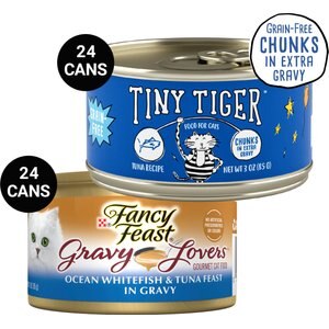 Tiny Tiger Chunks in EXTRA Gravy Tuna Recipe Grain-Free Canned Cat Food, 3-oz, case of 24 + Fancy Feast Gravy Lovers Ocean Whitefish & Tuna Feast in Sauteed Seafood Flavor Gravy Canned Cat Food, 3-oz, case of 24