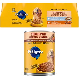 Pedigree Chopped Ground Dinner Combo with Chicken, Liver & Beef & Beef, Bacon & Cheese Flavor Variety Pack + Beef, Bacon & Cheese Flavor Canned Wet Dog Food