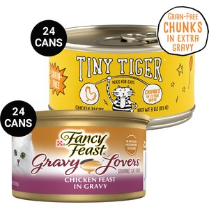Tiny Tiger Chunks in EXTRA Gravy Chicken Recipe Grain-Free Canned Food + Fancy Feast Gravy Lovers Chicken Feast in Grilled Chicken Flavor Gravy Canned Cat Food