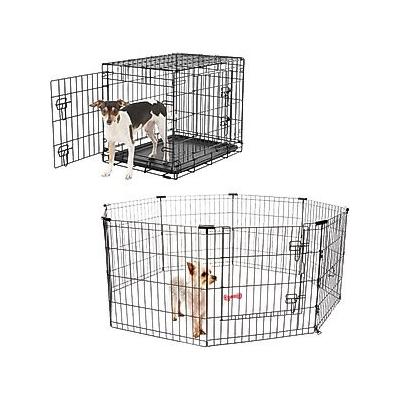 Frisco Heavy Duty Fold & Carry Double Door Collapsible Wire Dog Crate, 24 inch & Frisco Wire Dog Exercise Pen with Step-Through Door, Black, 24-in