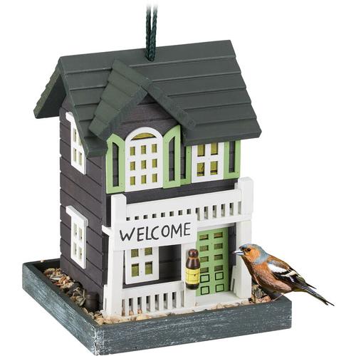 Vogelfutterhaus, Holz, zum Aufhängen, Landhaus, hbt 23,5x18x18 cm, Balkon, Futterstelle, Wildvögel,