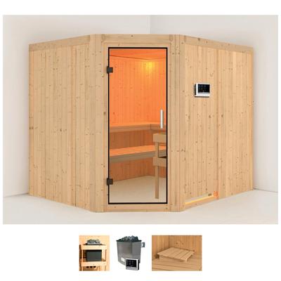 Sauna KARIBU "Marit", beige (naturbelassen), Saunaofen, externe Steuerung, 9 kW, Saunen, 9-kW-Ofen mit externer Steuerung