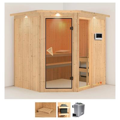 Sauna KARIBU "Frigga 2", beige (naturbelassen), Bio-Kombiofen, externe Steuerung, 9 kW, Saunen, 9-kW-Bio-Ofen mit externer Steuerung
