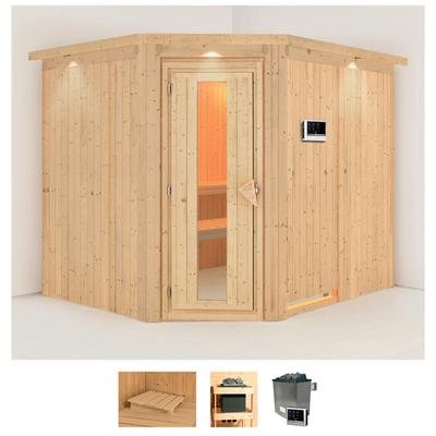Sauna KARIBU "Marit", beige (naturbelassen), Saunaofen, externe Steuerung, 9 kW, Saunen, 9-kW-Ofen mit externer Steuerung