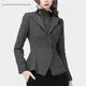 Blazer en laine à carreaux gris vintage pour femmes veste courte mince élégante col imbibé