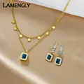 LAMENGLY 316L acier inoxydable bleu brillant Zircon pendentif collier boucles d'oreilles pour femmes