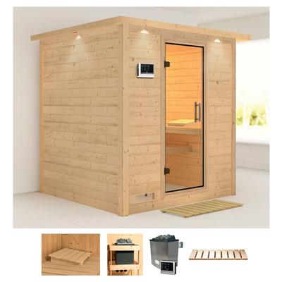 Sauna KARIBU "Menja", beige (naturbelassen), Saunaofen, externe Steuerung, 9 kW, Saunen, 9-kW-Ofen mit externer Steuerung
