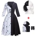 Cruella De Vil Cosplay Costume pour femme robe de femme de chambre noire et blanche avec gants