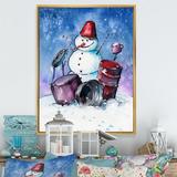 The Holiday Aisle® Christmas Snowman Playing Drumset - Traditional Canvas Wall Decor Metal in Blue/Red | 40 H x 30 W x 1.5 D in | Wayfair
