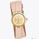 Tory Burch Accessories | New Tory Burch Gold Small Reva Nude Leather Double Wrap Watch Tbw4030 Logo. | Color: Gold/Pink | Size: Os