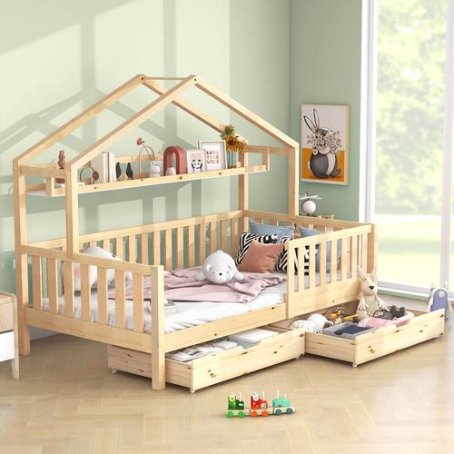 Kinderbett 90×200 cm Hausbett mit Ablageregal, 2 Schubladen, Zaun und Lattenrost, Jugendbett