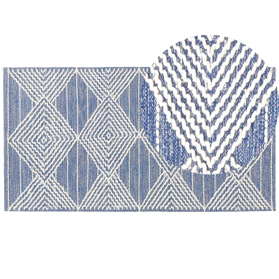 Teppich Hellbeige u. Blau Wolle Rechteckig 80x150 cm Geometrisches Muster Handgewebt Boho Skandinavisch Kurzflor Wohn- u