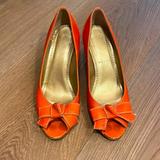 J. Crew Shoes | Adorable Leather Orange Bow Peep Toe Heels From J Crew - Size 8 | Color: Orange | Size: 8