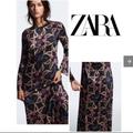 Zara Dresses | Nwt Beautiful Zara Printed Midi Dress Multicolored Dress: Medium | Color: Black/Purple | Size: M