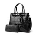 NICOLE & DORIS Womens Handbag Patent Leather Top Handle Bags Shoulder Bags Crocodile Print Handbag with Purse Clutch Shopping Bag Crossbody Bag Ladies Work Bag 2 Pcs Set Black