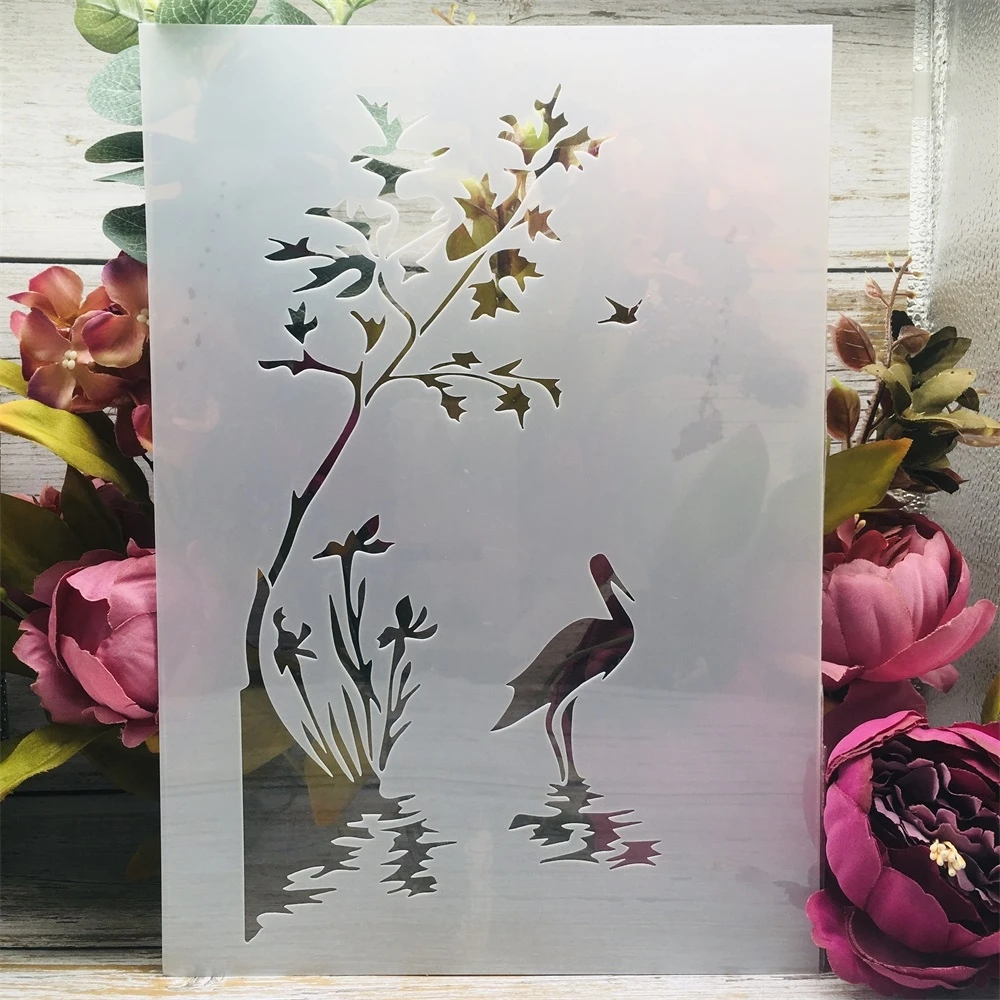 Pochoirs de superposition pour peinture murale, modèle décoratif d'album de bricolage, coloriage de scrapbooking, gaufrage, A4, 29cm, grue, lac, arbre