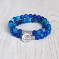 Bracelet en pierre d'onyx bleu double couche pour hommes et femmes Yoga Chakra Mala OM anni